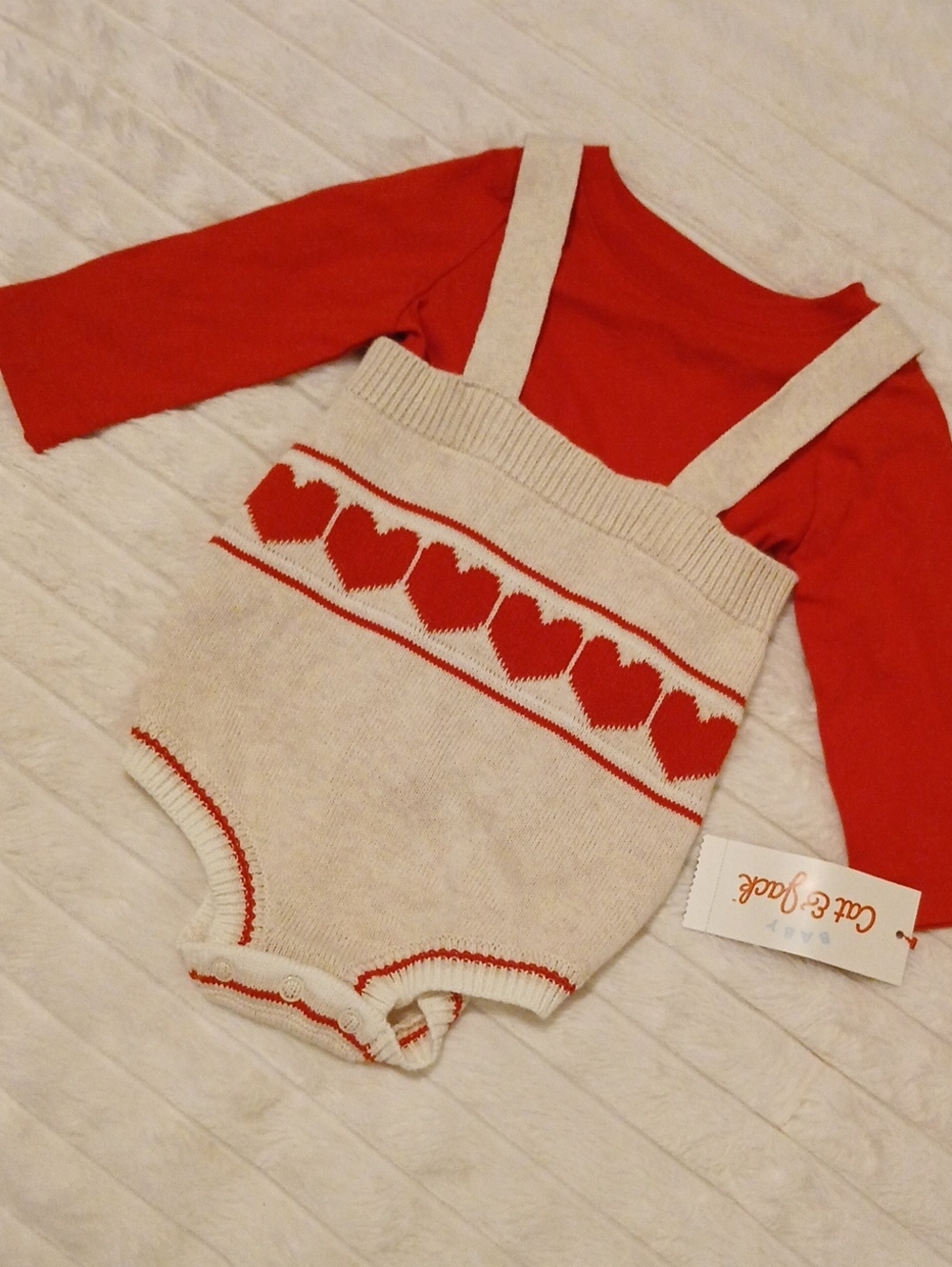 Cat & Jack Cream Knit Heart Suspender Romper with Red Tee Set